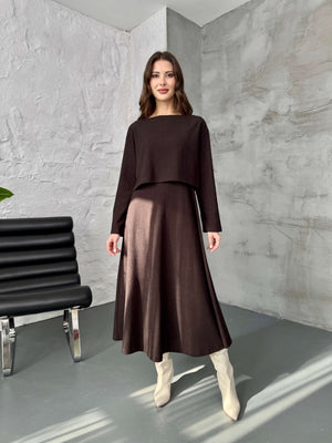 Kahve Bluzlu Elbise İkili Takım 7634-Kahve