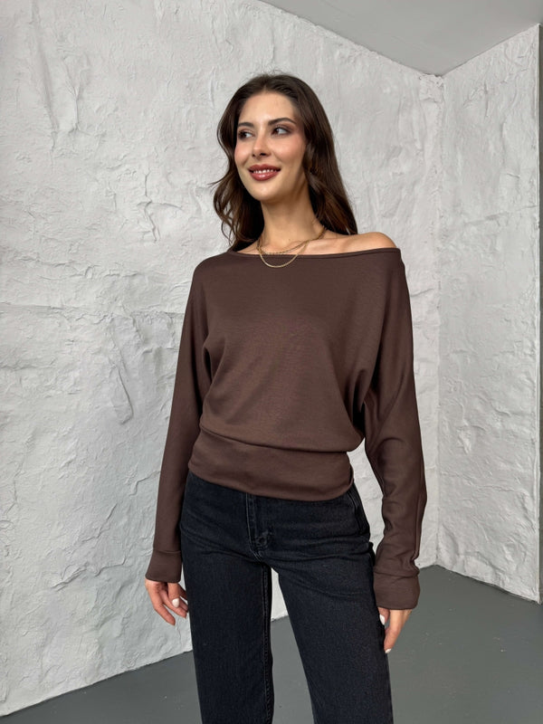 Kahverengi Kayık Yaka Modal Bluz 2540-Kahve