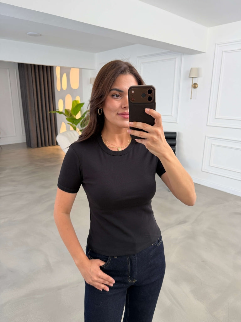 Siyah Bisiklet Yaka Basic Tshirt 24104-Siyah