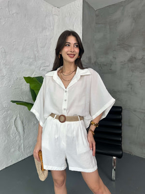 Beyaz Hasır Kemerli Şortlu Tencel Takım