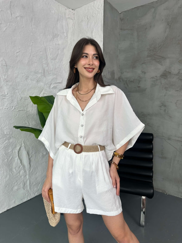 Beyaz Hasır Kemerli Şortlu Tencel Takım