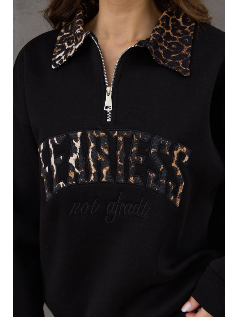 Siyah Leopar Nakışlı Polo Yaka Sweat