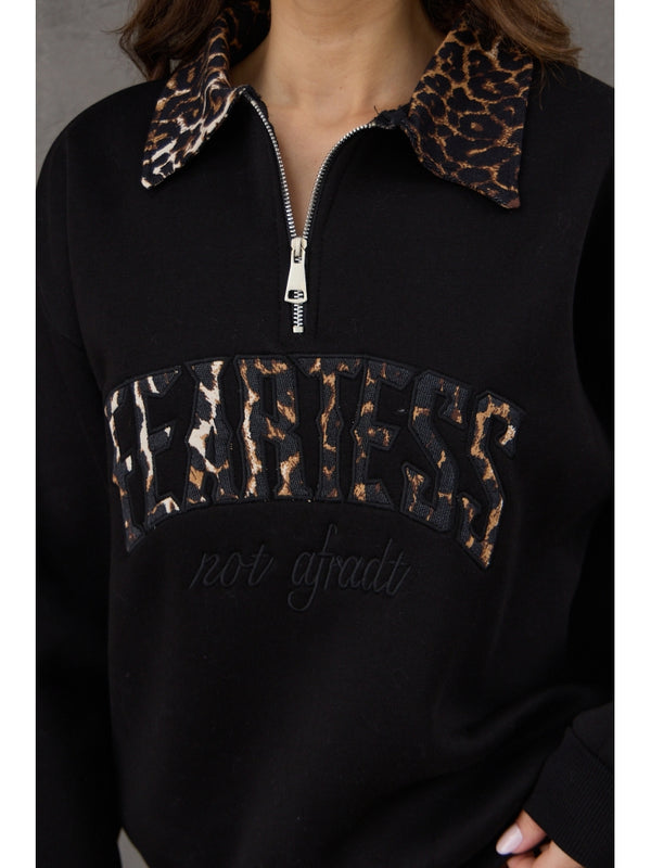 Siyah Leopar Nakışlı Polo Yaka Sweat