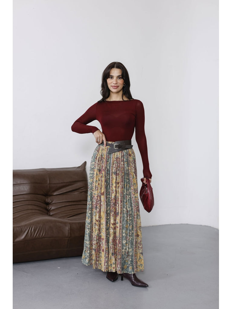 Yeşil Kemer Detaylı Desenlı Kraşlı Etek 3374-YEŞİL