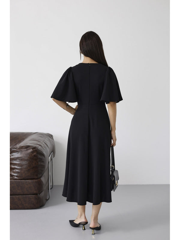 Siyah Kolları Volanlı Elbise 3707-SİYAH