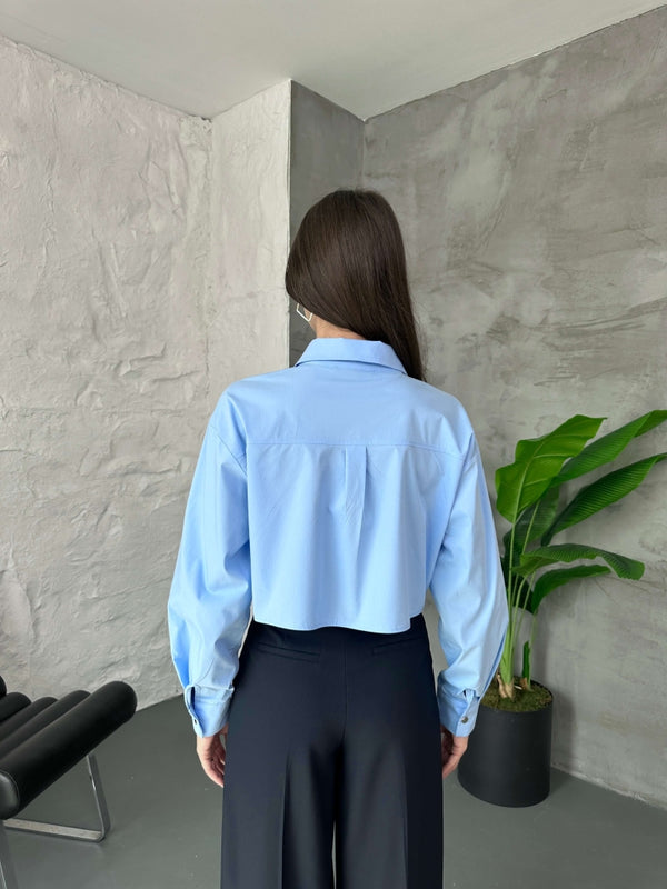 Bebe Mavi Cep Detaylı Kısa Gömlek