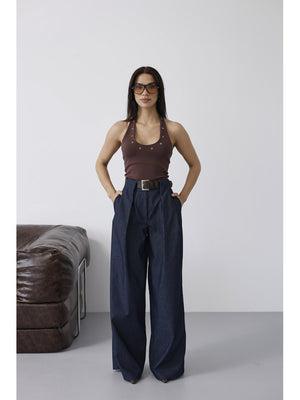 Mavi Belden Pileli Kemerli İnce Denim Pantolon 58479-Mavi