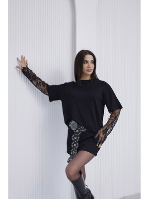 Siyah Güpür Kollu Bluz EY0302-Siyah