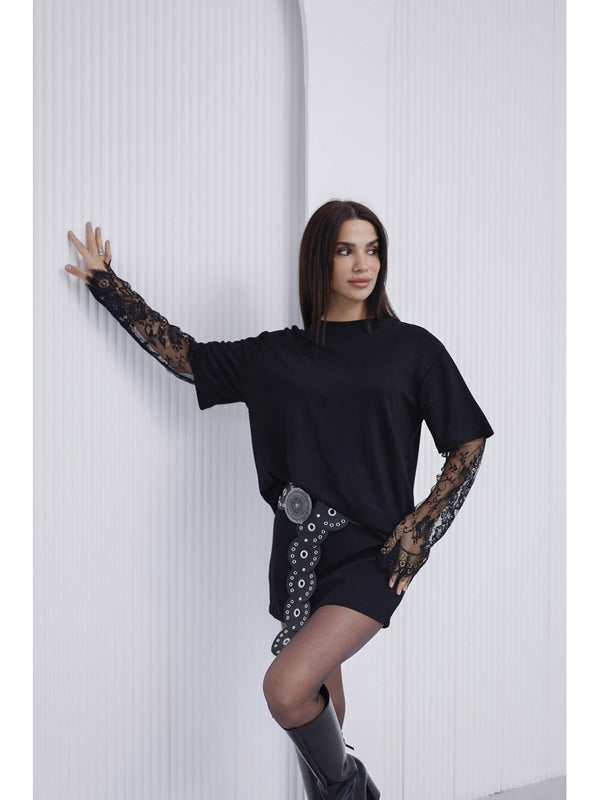 Siyah Güpür Kollu Bluz EY0302-Siyah