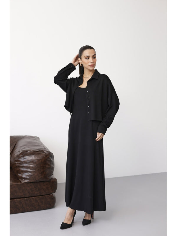 Siyah Gömlek Elbise Modal Takım 4103-Siyah