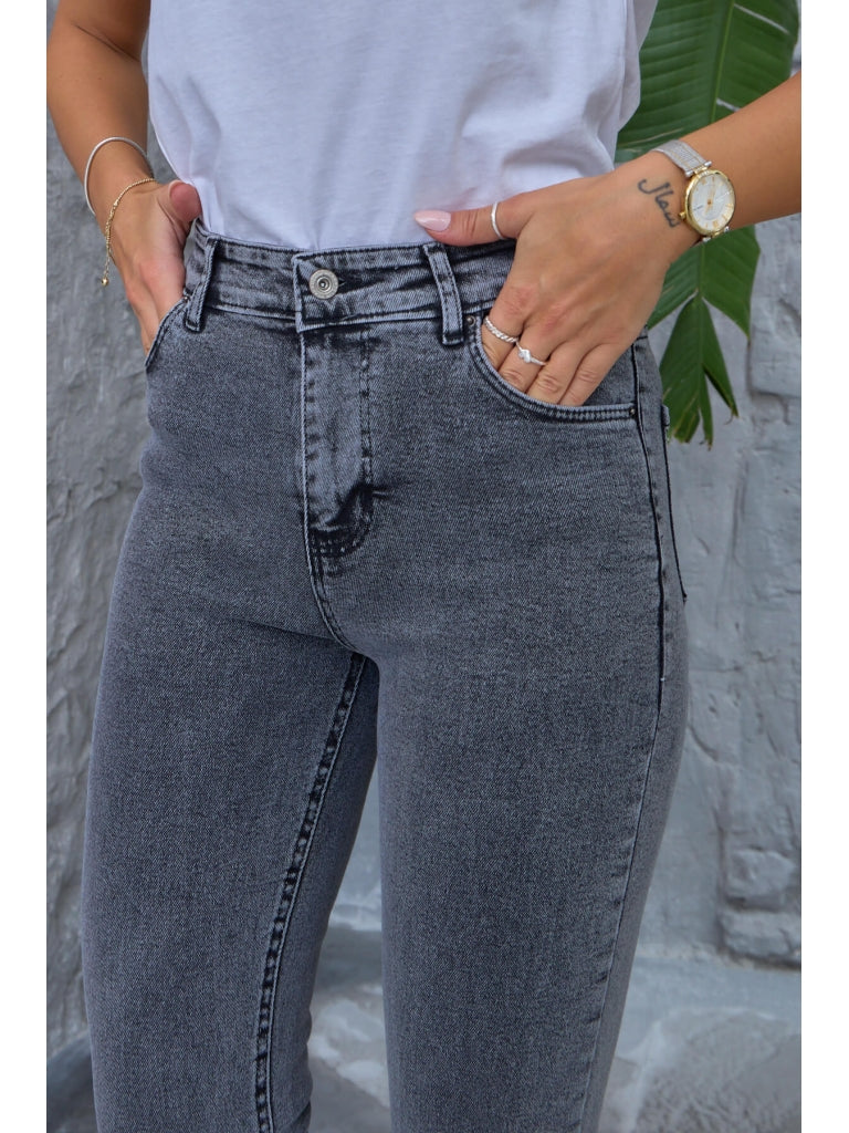 Antrasit Yıkamalı Likralı Mom Jean