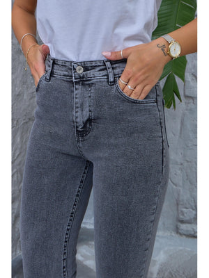 Antrasit Yıkamalı Likralı Mom Jean