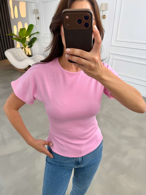 Pembe Sırtı Dekolteli Tshirt 4275-Pembe