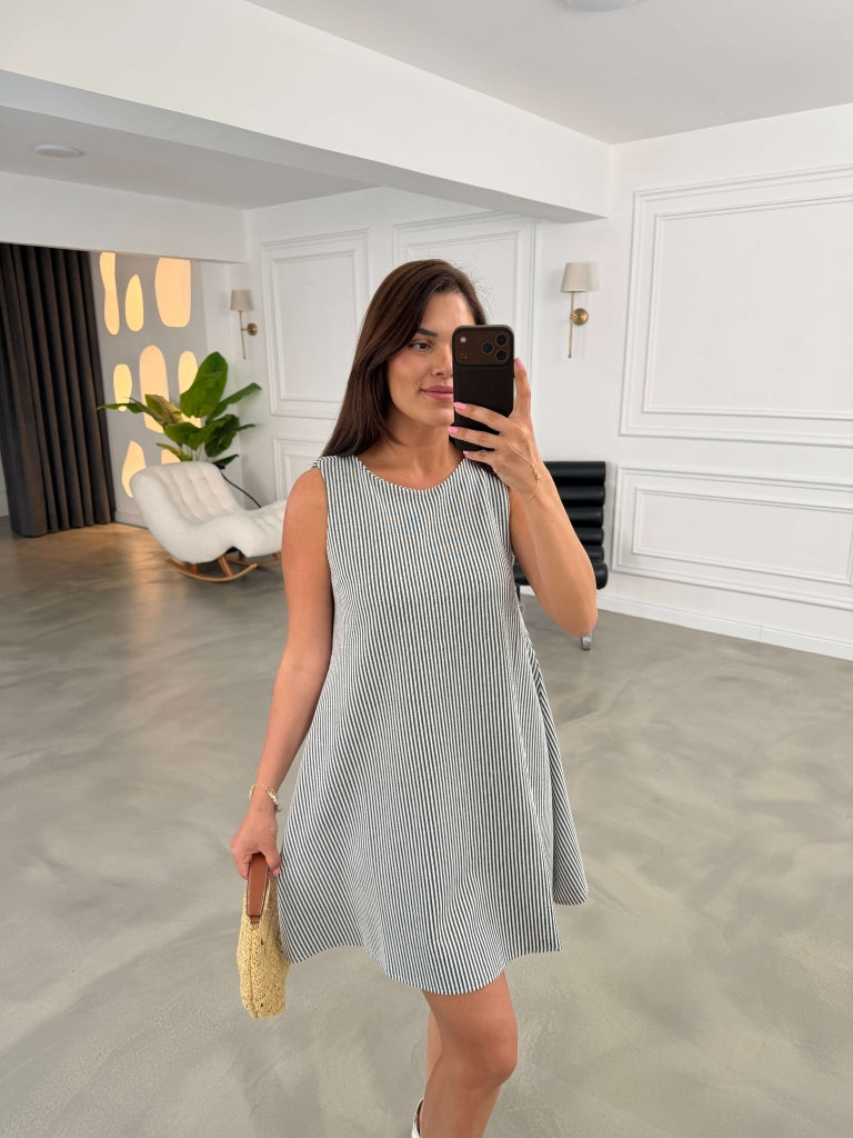 Siyah Çizgili Sıfır Kol Elbise 80148-Siyah