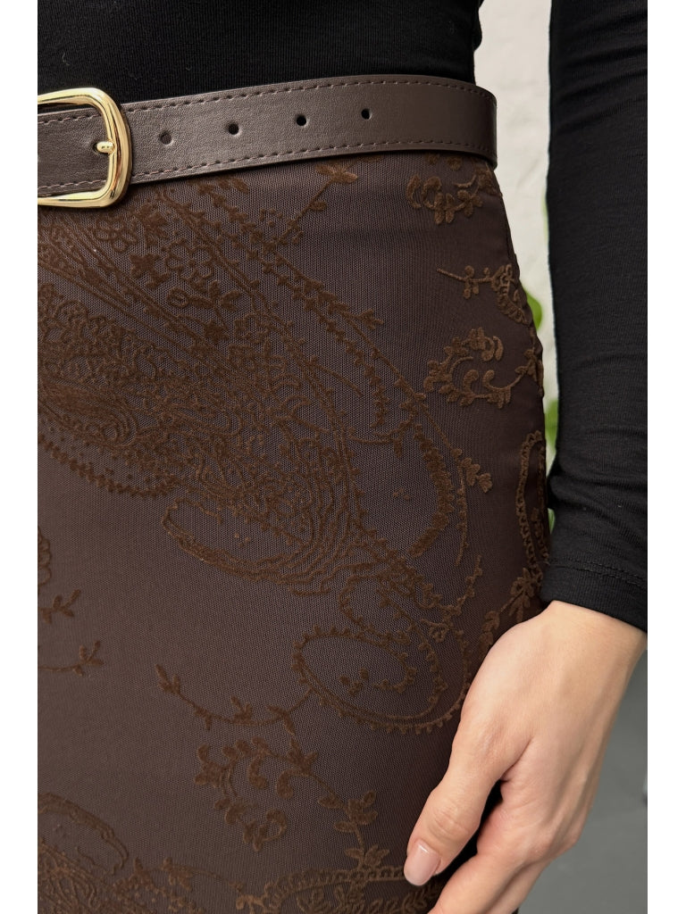 Kahverengi Kadife Desen Etek 251134-Kahverengi