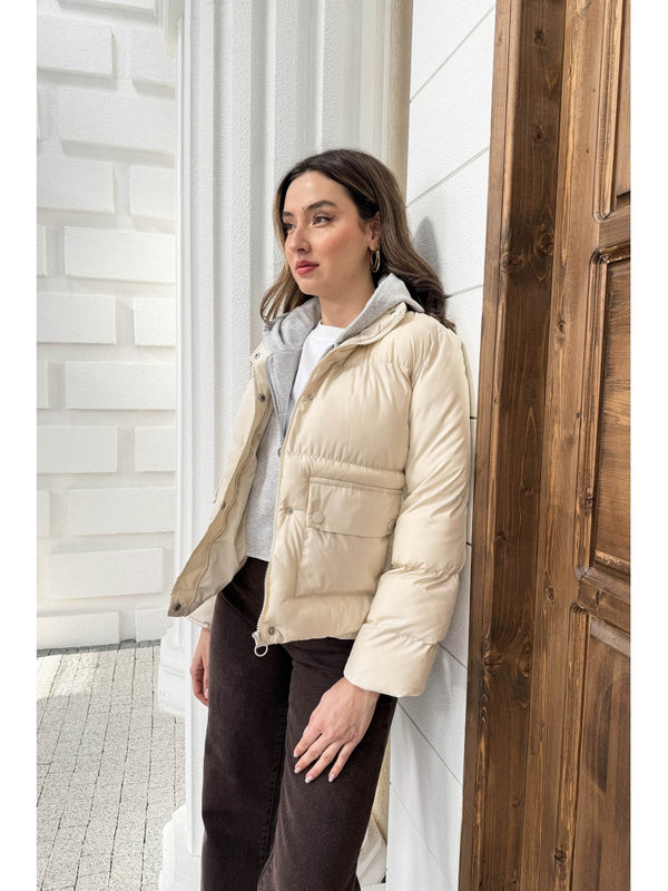 Ekru Kapşonlu Şişme Mont 2148-EKRU