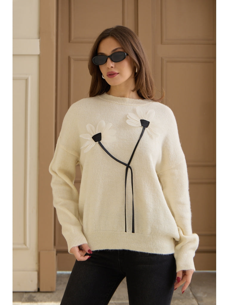 Ekru Keten Çiçekli Oversize Kazak
