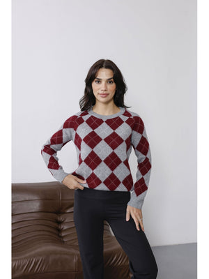 Bordo Baklava Desen Yumuşak Kazak 2319-Bordo