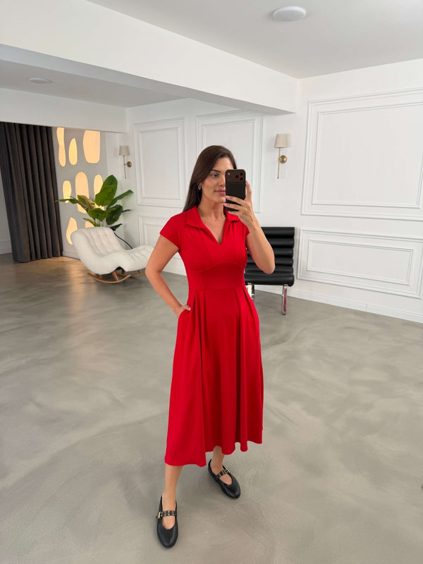 Kırmızı Polo Yaka Pensli Modal Elbise 4129-Kırmızı