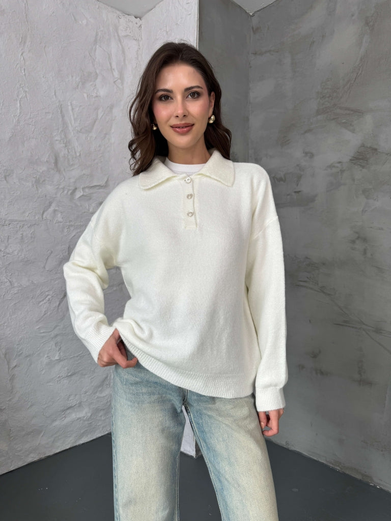 Ekru Polo Yaka Düğmeli Triko Kazak 2482-EKRU