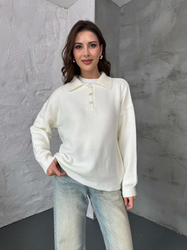 Ekru Polo Yaka Düğmeli Triko Kazak 2482-EKRU