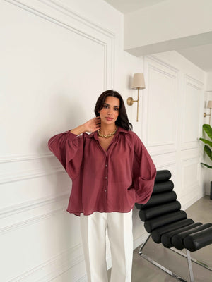 Bordo Yakası Lastikli Tencel Gömlek 5018-Bordo