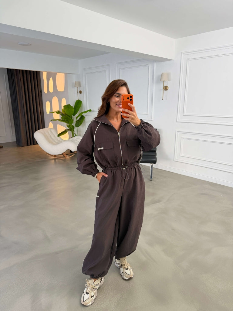 Kahve Biyeli Bel Lastikli Paraşüt Pantolon EY1526-Kahve