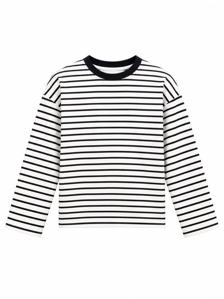 Beyaz Siyah Çizgili Oversize Sweat 12613-Siyah