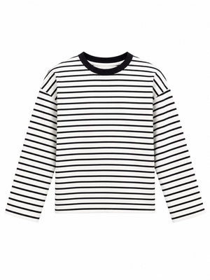 Beyaz Siyah Çizgili Oversize Sweat 12613-Siyah