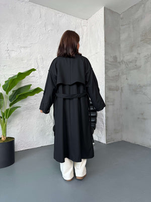 Siyah Kruvaze Detaylı Oversize Trençkot