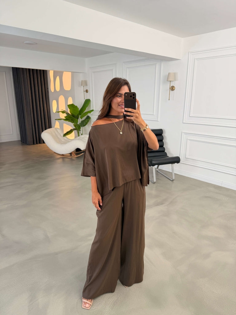 Kahve Yarasa Kol Şal Yaka Takım 51363-Kahve