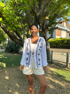 Beyaz Nakışlı Müslin Kimono