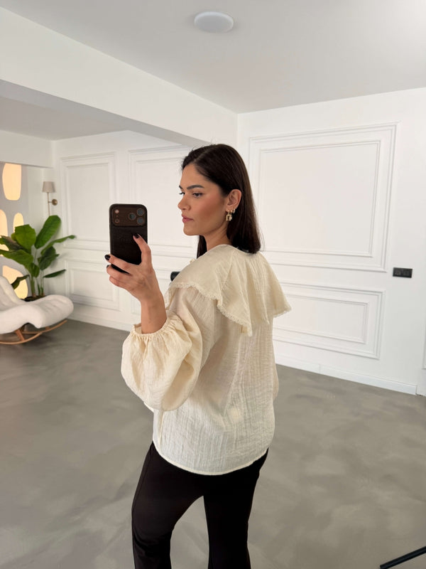 Krem Yakası Dantel Detaylı Keten Bluz 5068-Krem