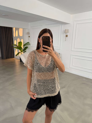 Bej Pul Payet File Bluz 4248-Bej
