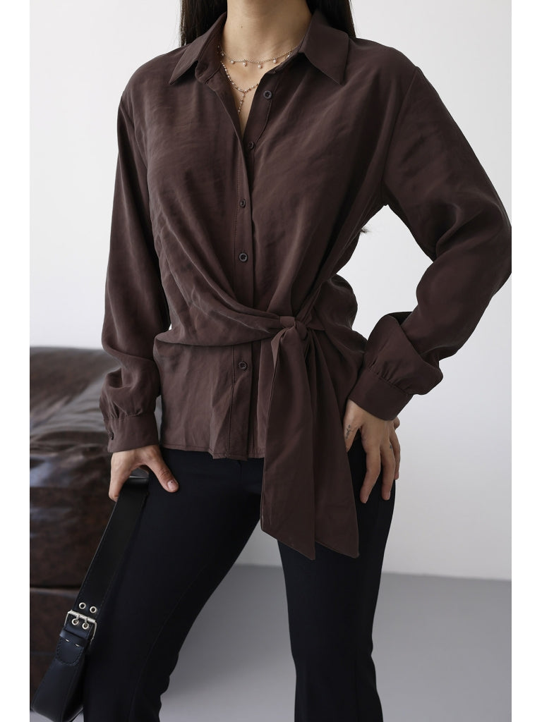 Kahverengi Yan Bağlamalı Tencel Gömlek 0897-Kahverengi