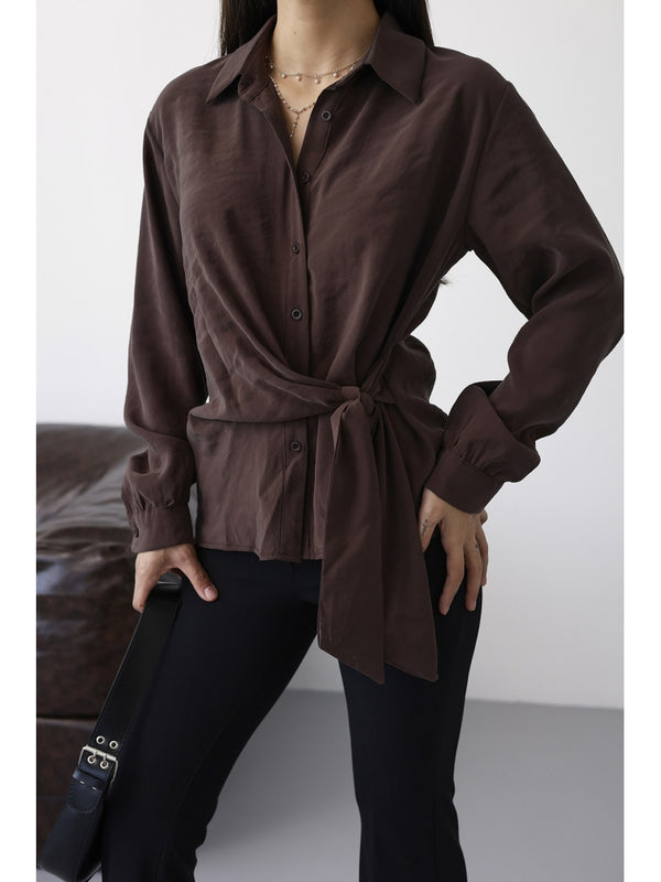 Kahverengi Yan Bağlamalı Tencel Gömlek 0897-Kahverengi