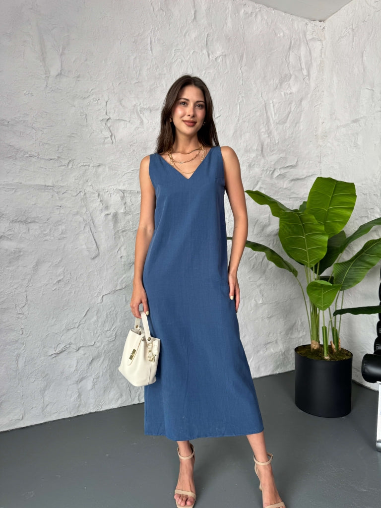 İndigo Arkası Yırtmaçlı Premium Tencel Elbise