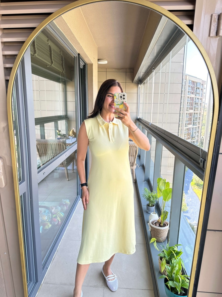 Sarı Polo Yaka Sıfır Kol Modal Elbise