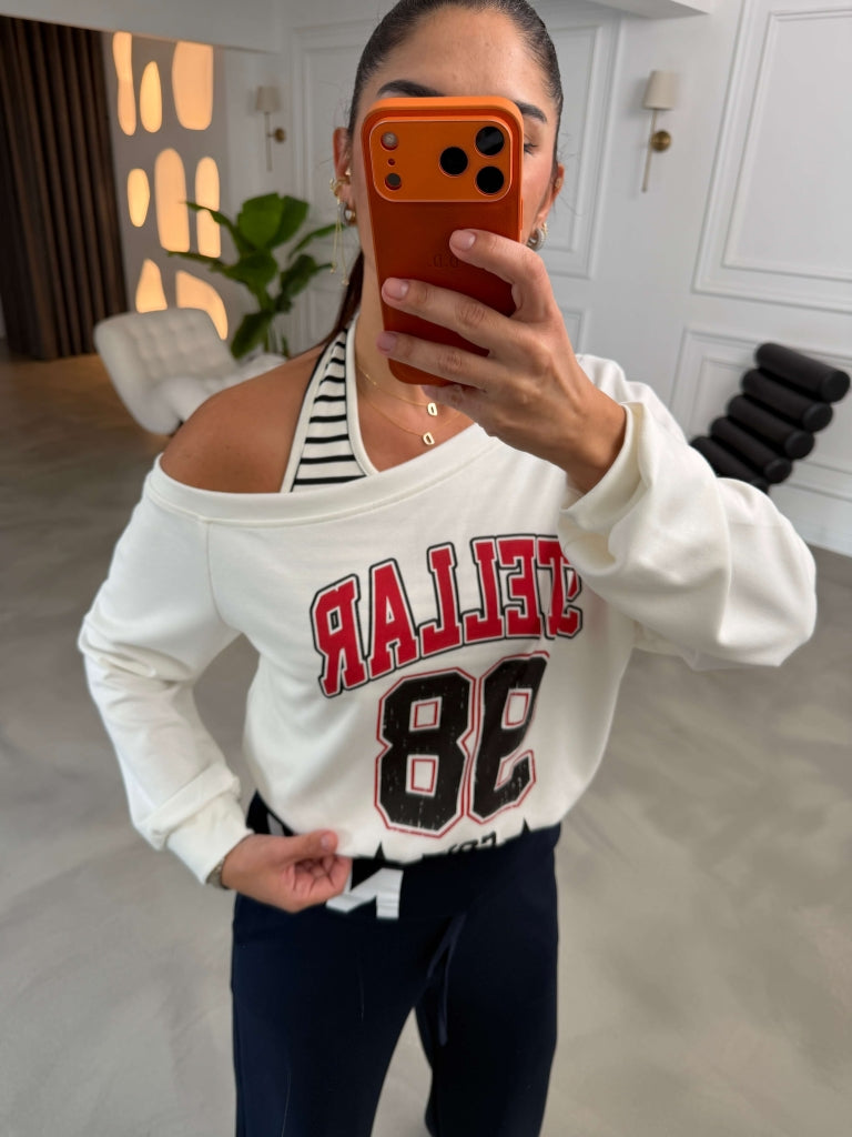 Beyaz Atlet Detaylı Kayık Yaka Sweat 12614-Beyaz