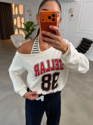 Beyaz Atlet Detaylı Kayık Yaka Sweat 12614-Beyaz