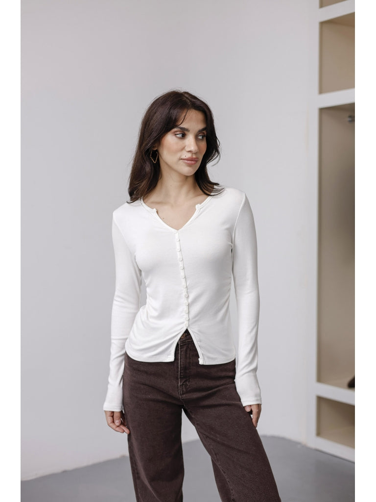 Ekru Büzgülü Düğme Detaylı Bluz 1015-Ekru