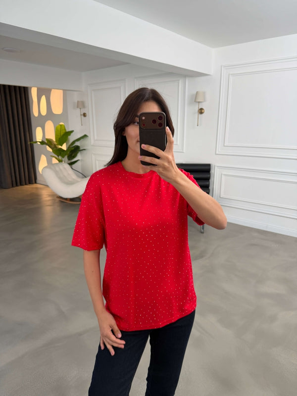 Kırmızı Taş Baskılı Tshirt 4236-Kırmızı