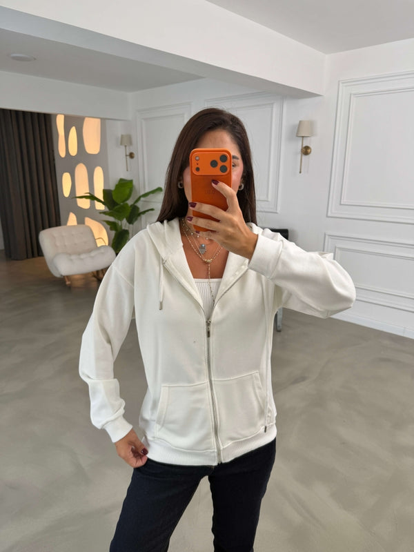Beyaz Kapüşonlu Fermuarlı Basic Sweatshirt 4321-Beyaz