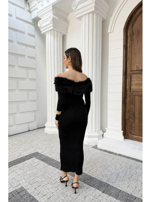 Siyah Madonna Kürk Yakalı Elbise 00515-Siyah