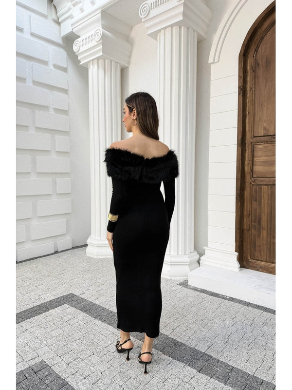 Siyah Madonna Kürk Yakalı Elbise 00515-Siyah