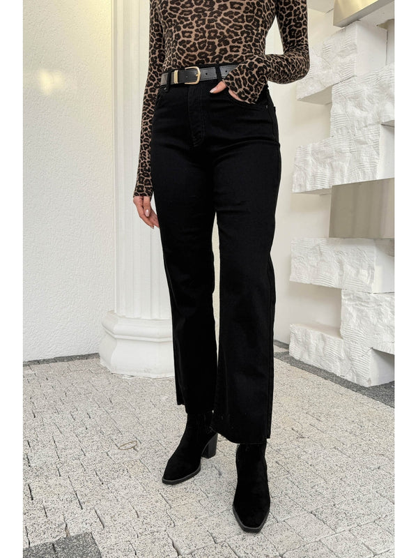 Siyah Kesik Paça Kermerli Jean AK102-Siyah