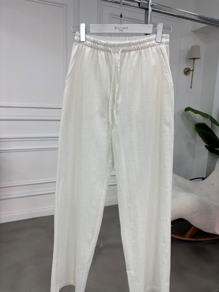 Ekru Beli Bağcıklı Keten Pantolon 7532-Ekru