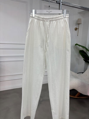 Ekru Beli Bağcıklı Keten Pantolon 7532-Ekru