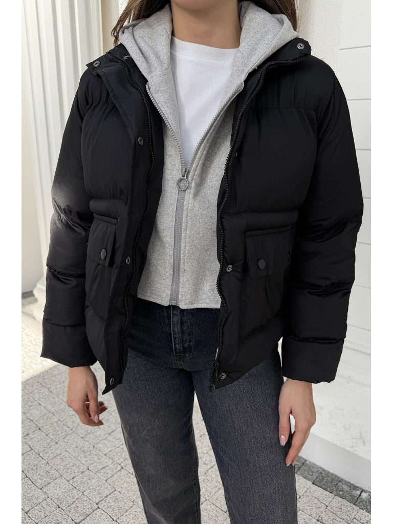 Siyah Kapşonlu Şişme Mont 2148-SİYAH