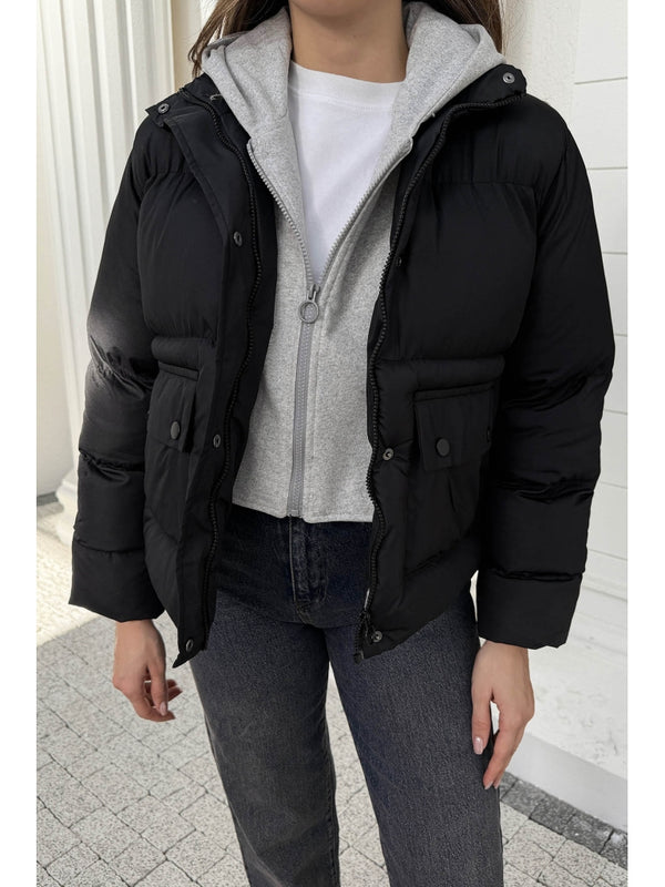 Siyah Kapşonlu Şişme Mont 2148-SİYAH